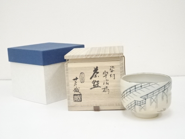 JAPANESE TEA CEREMONY / CHAWAN(TEA BOWL) / KYO WARE / UNDERGLAZE BLUE / BY HOSAI FUJITANI